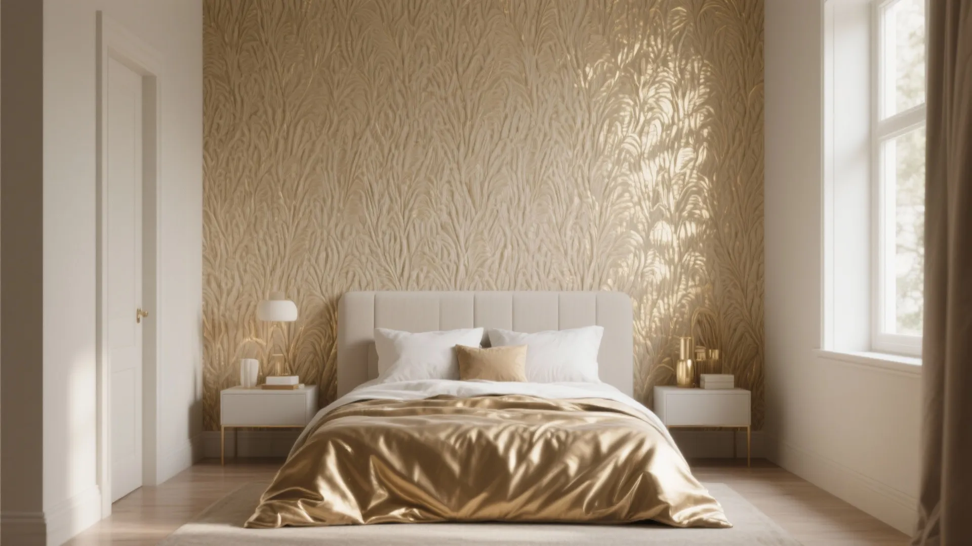 Luxurious bedroom with gold textured wallpaper pattern white bed gold blanket and white side tables decor