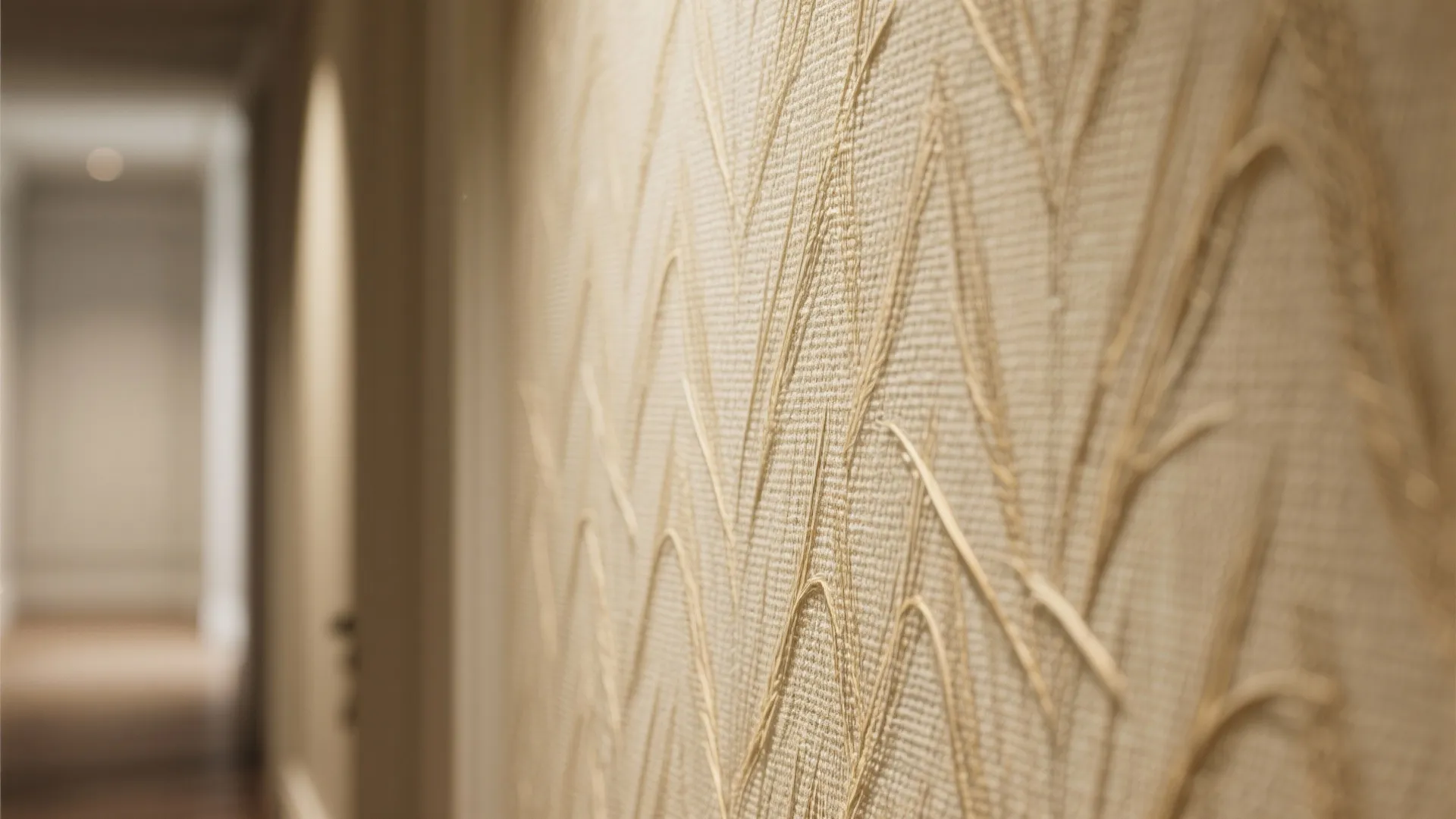 Cream textured wallpaper with a wavy pattern shown in a detailed close up indoor view