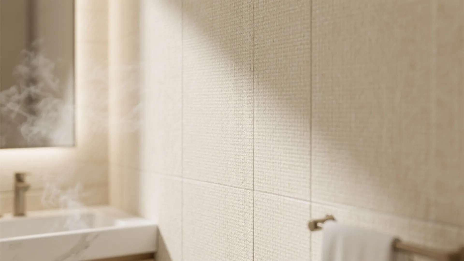Close-up of neutral textured washable wallpaper evoking a spa-like bathroom ambiance.