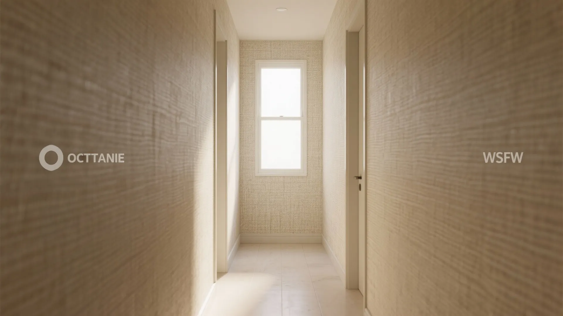 Narrow hallway with beige textured wallpaper and a single white window at the very end
