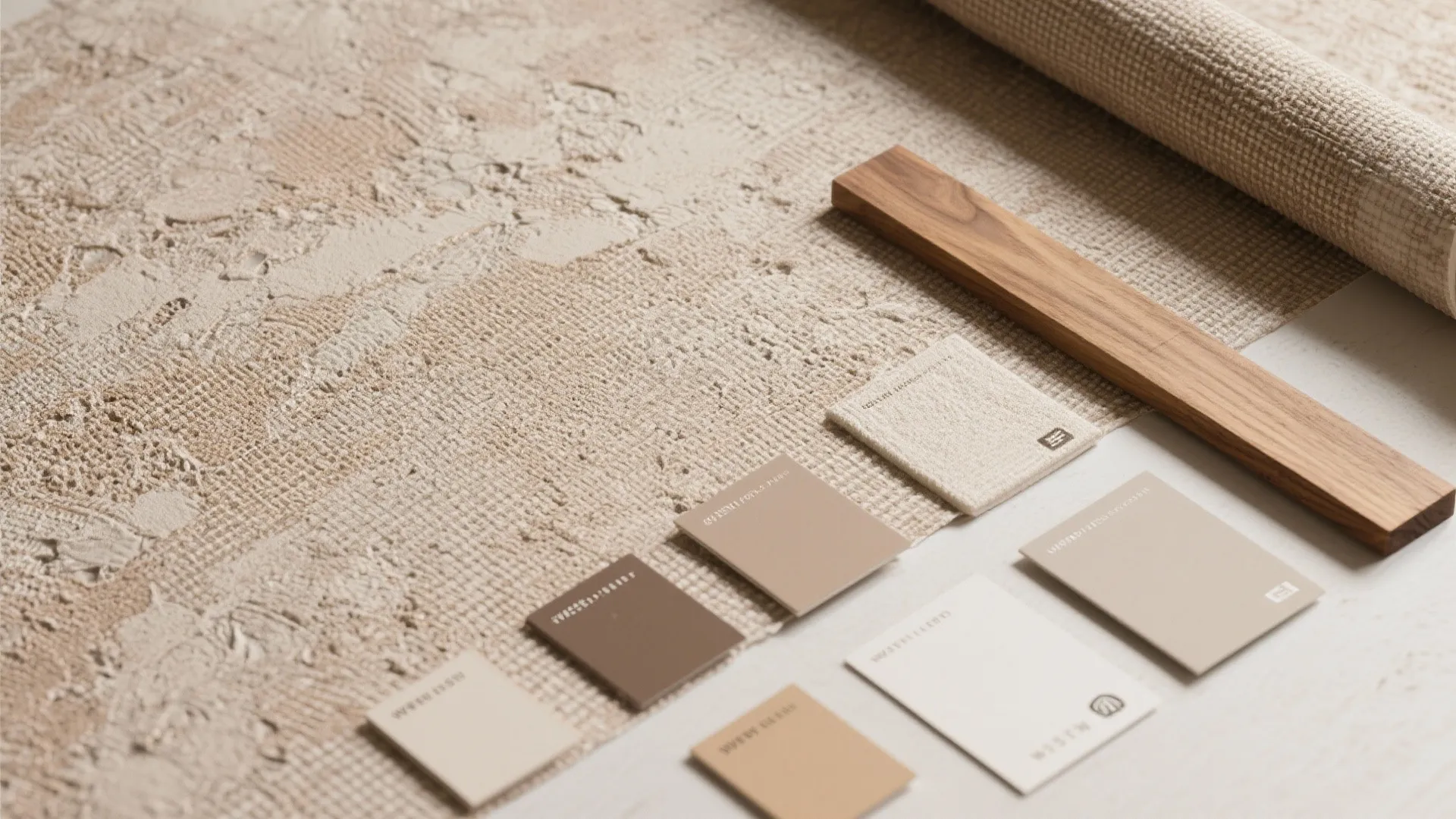 Flatlay of textured wallpaper samples in earthy tones with oak accents