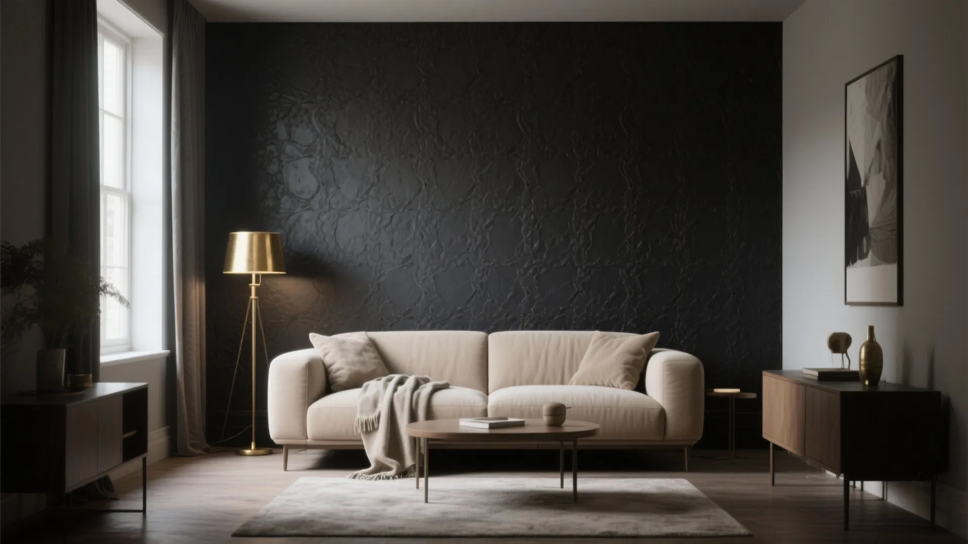 Modern living room with beige sofa, dark textured wall, gold floor lamp, and coffee table