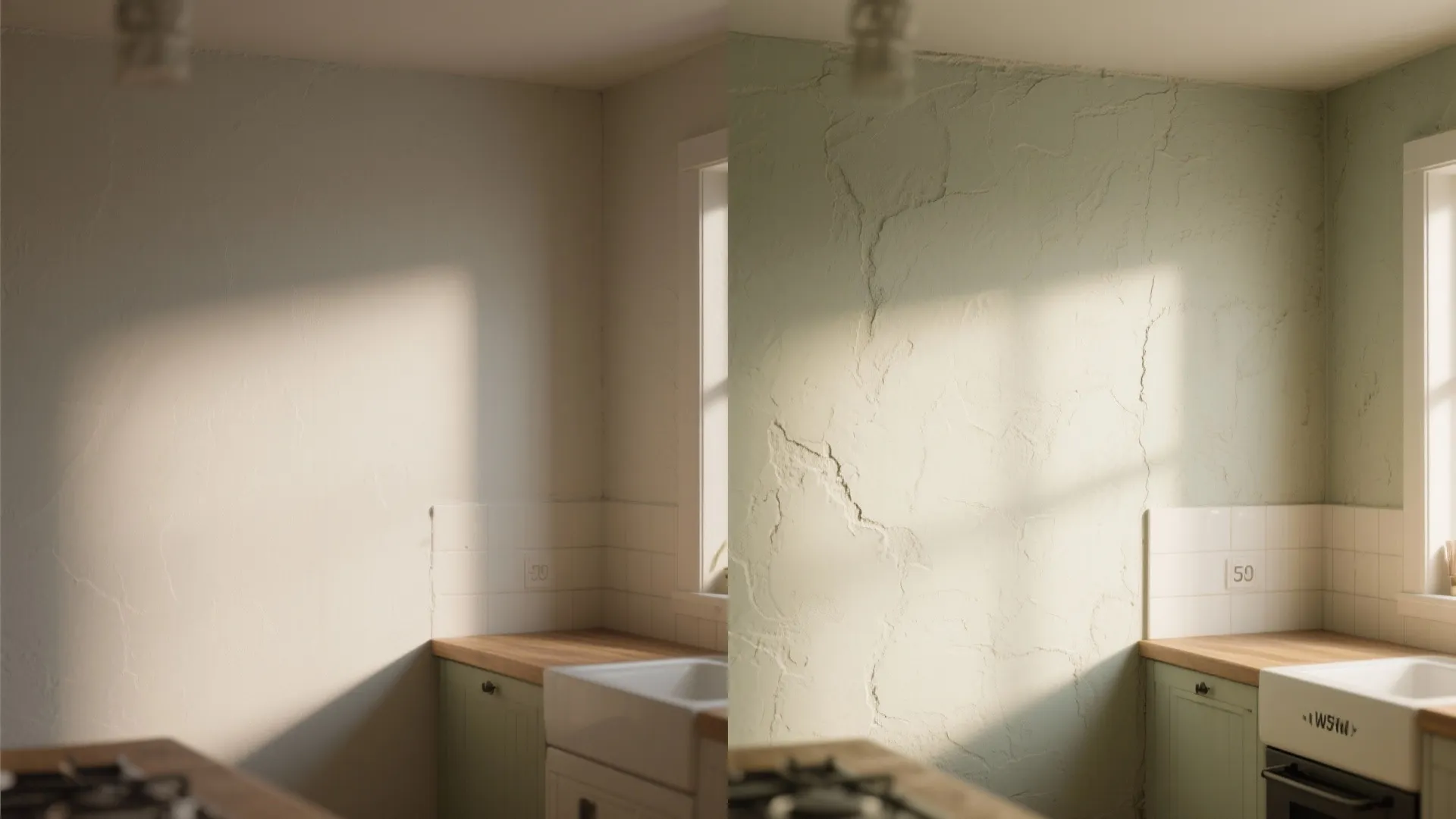 Before-and-after comparison of smooth white kitchen wall versus green textured plaster wall finish interior design