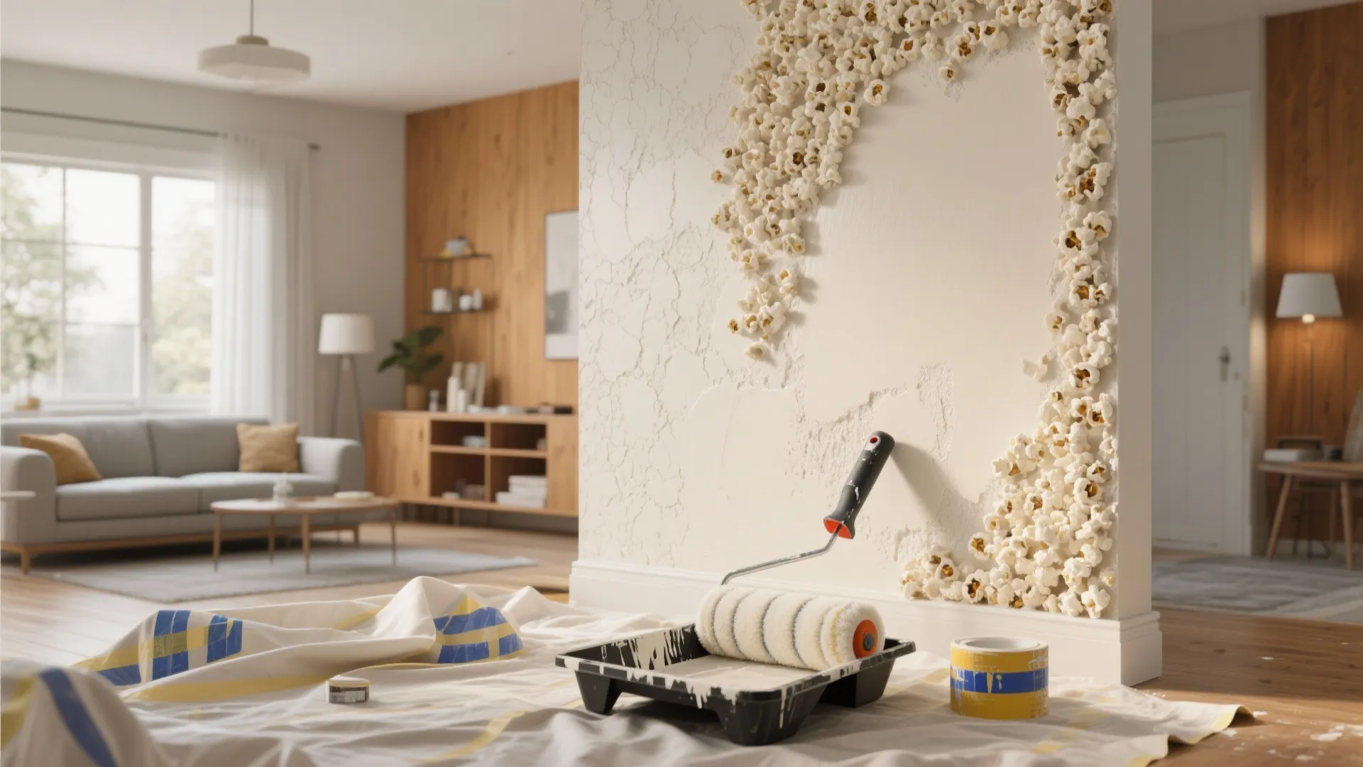 Modern living room showing paint roller and tray near wall with creative popcorn texture design