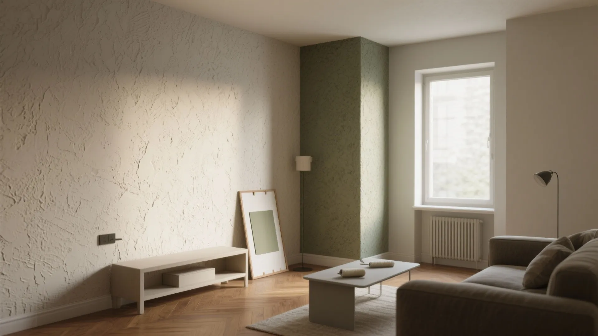 Minimalist living room with textured white walls green accent corner wooden floor sofa and coffee table