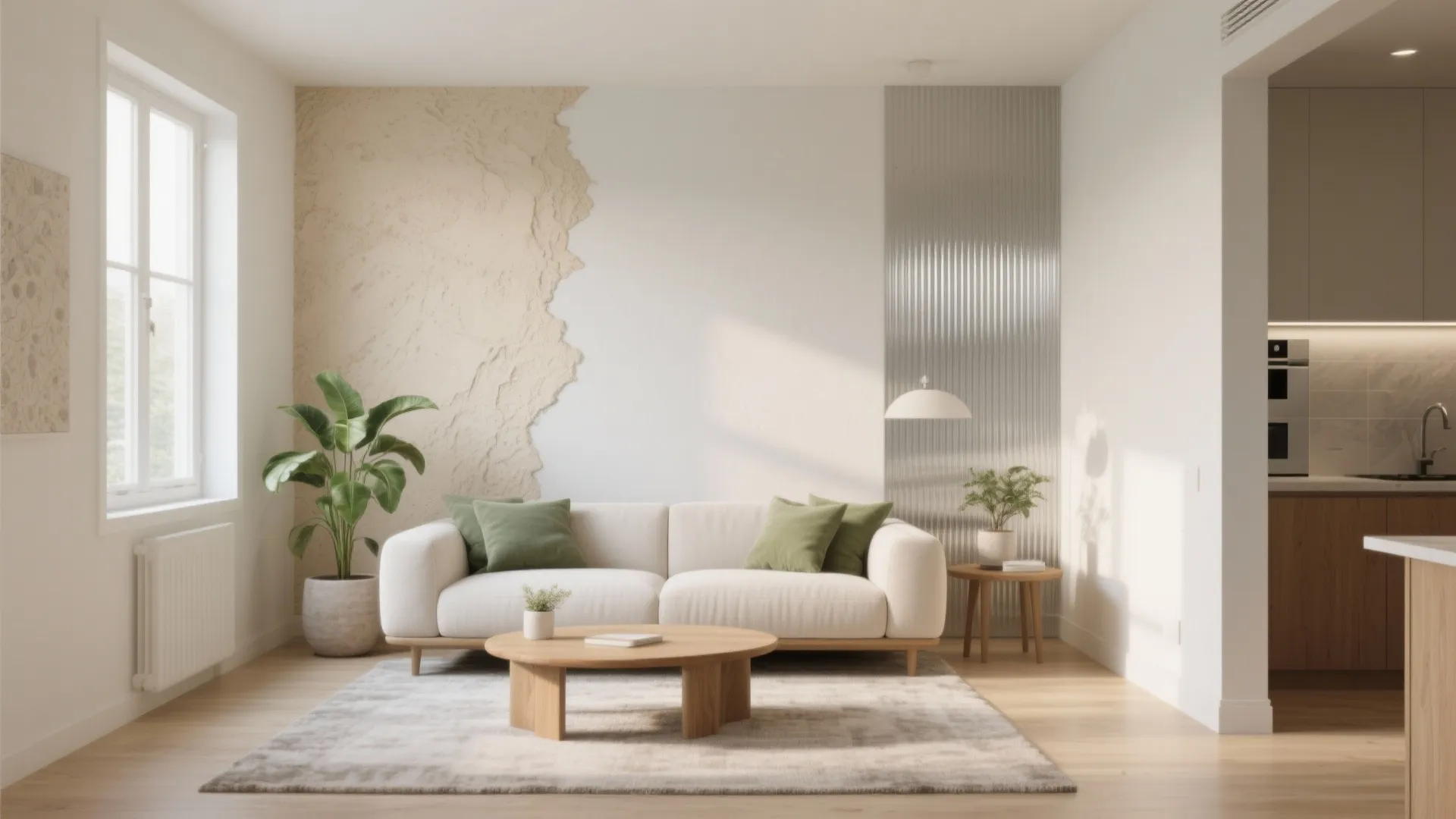 Minimalist living room showing white sofa, green cushions, wooden table, textured wall, and natural light