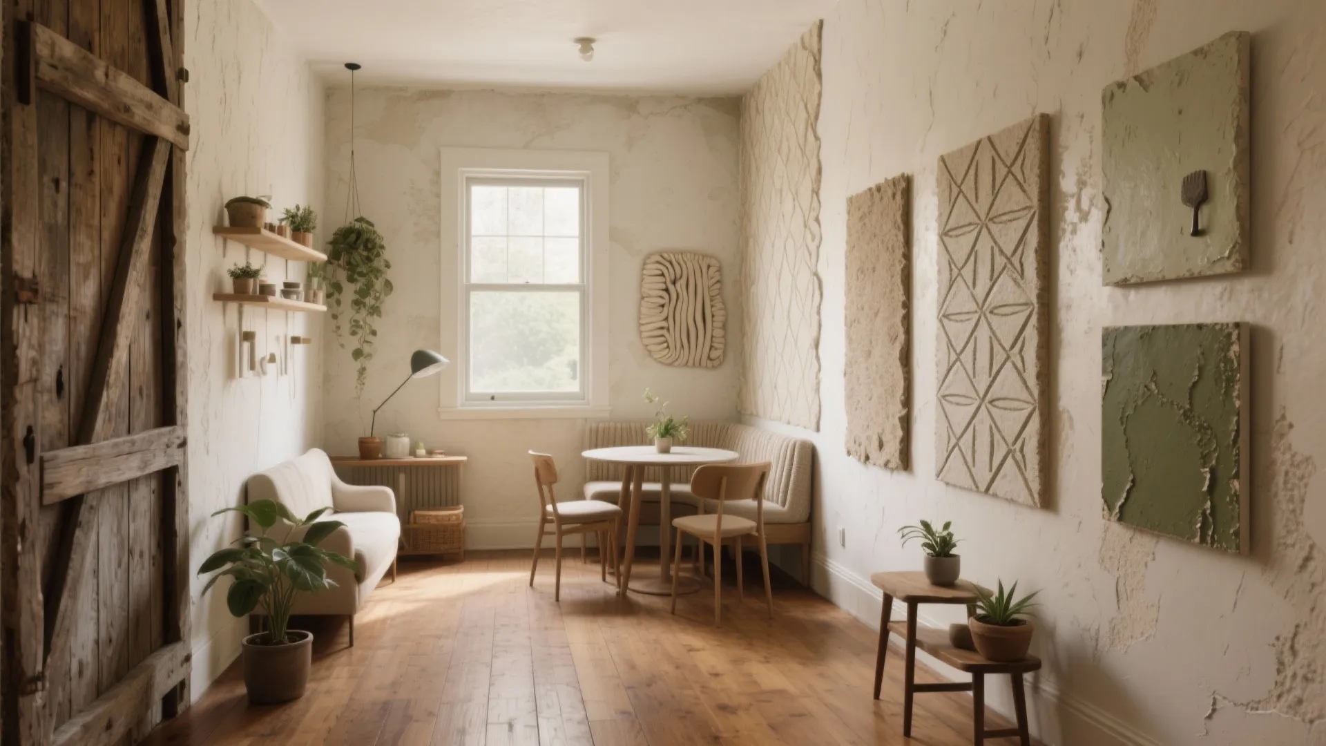 Bright dining area with round table wooden chairs small sofa wall art and textured white walls