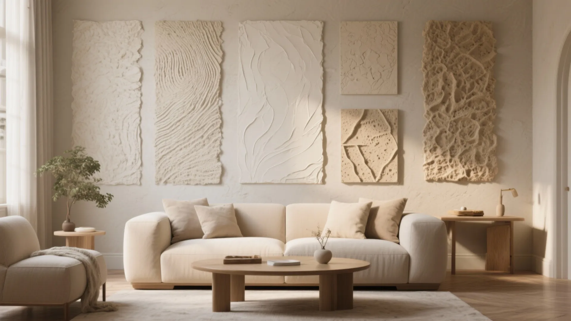 Modern living room featuring cream sofa and wall with five large textured white art panels