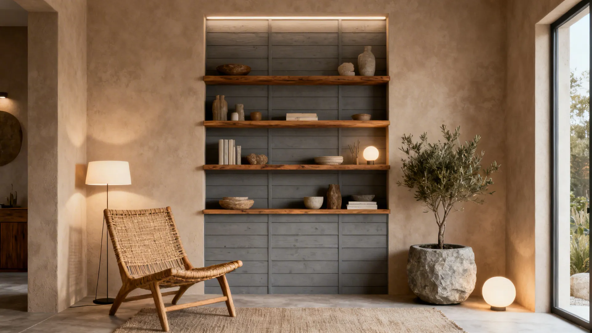 Interior with textured taupe plaster wall, grey shiplap, and natural wood and rattan furniture.