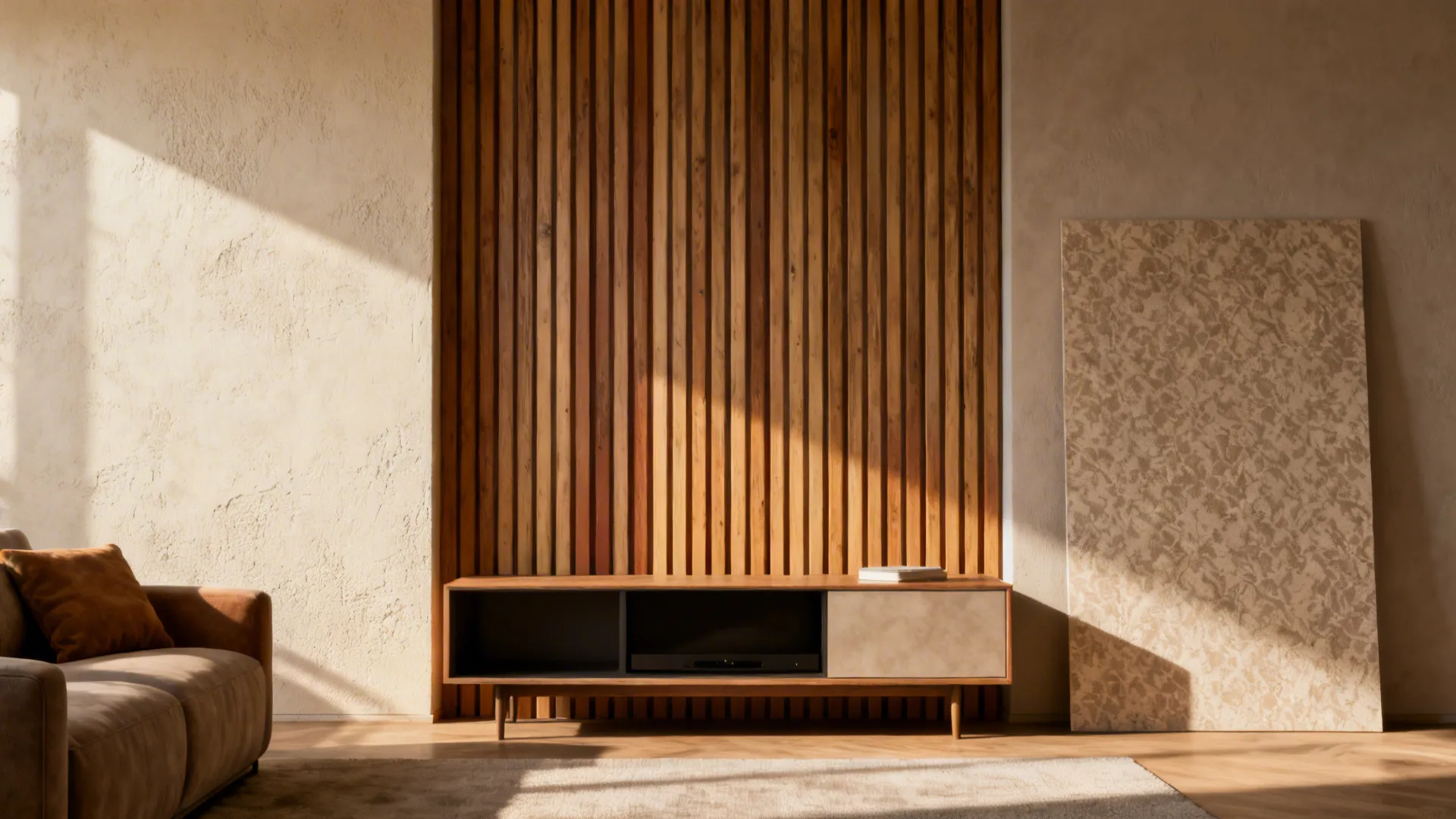 Three textured wall examples: plaster, painted vertical wood slats, and tactile wallpaper in a living room setting.