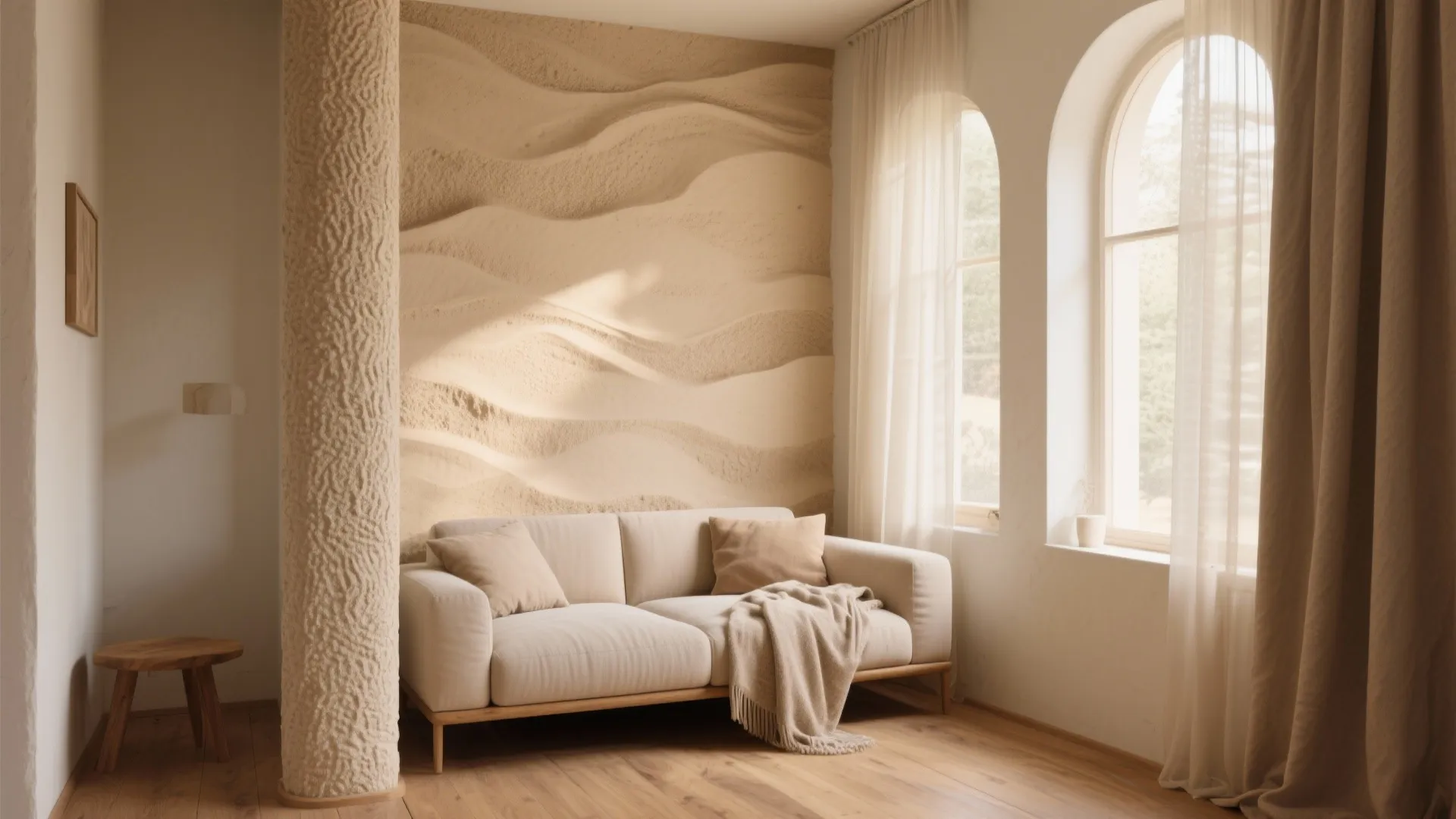 Modern living room with white sofa wavy wall arched windows light curtains and warm wood surface