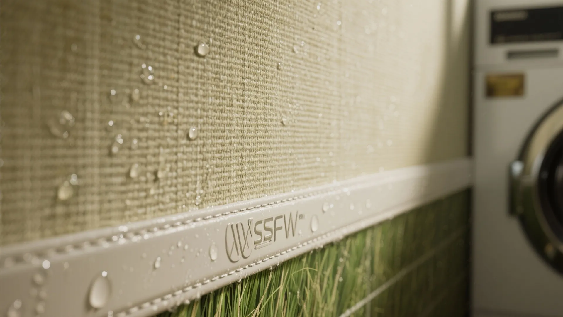 Water droplets on a light green textured wall panel next to a white laundry machine