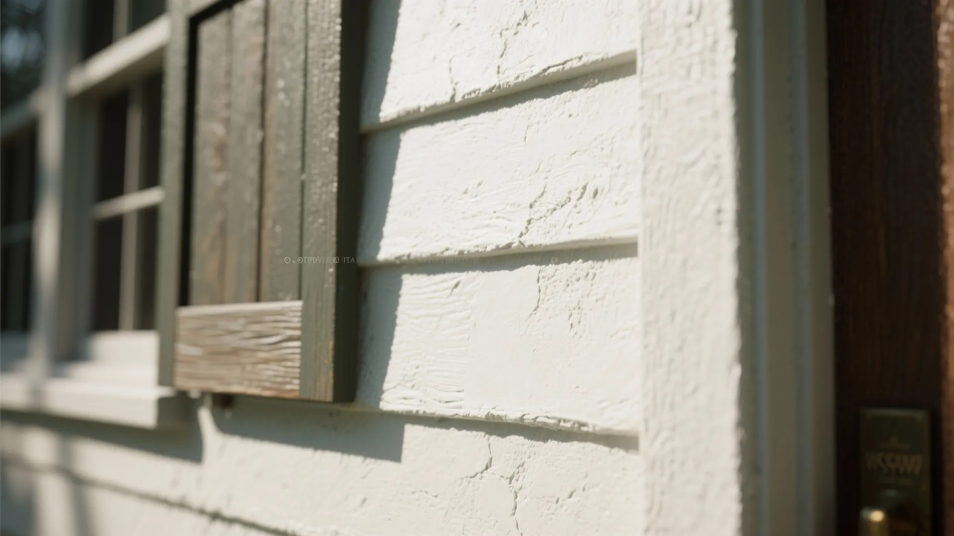 Close up of white horizontal wood wall panels next to a dark brown window shutter