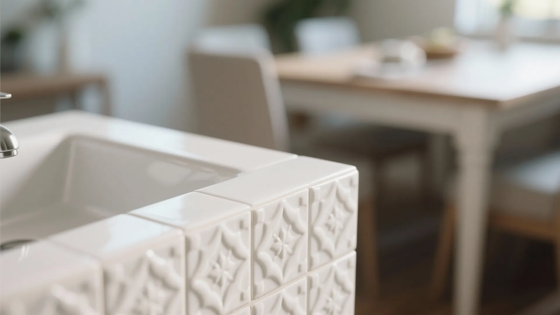 Raised pattern white tile details in a basin corner