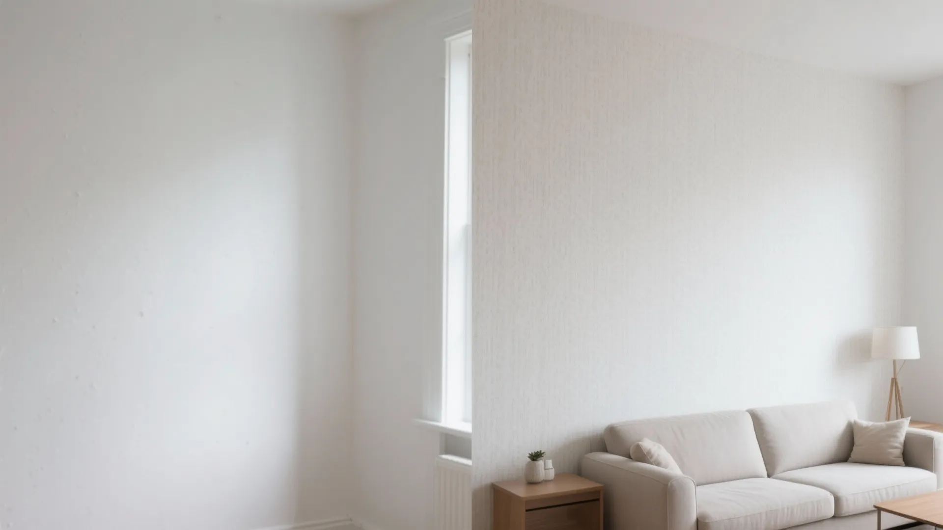 Side by side comparison of a plain white wall versus textured wallpaper with a modern sofa