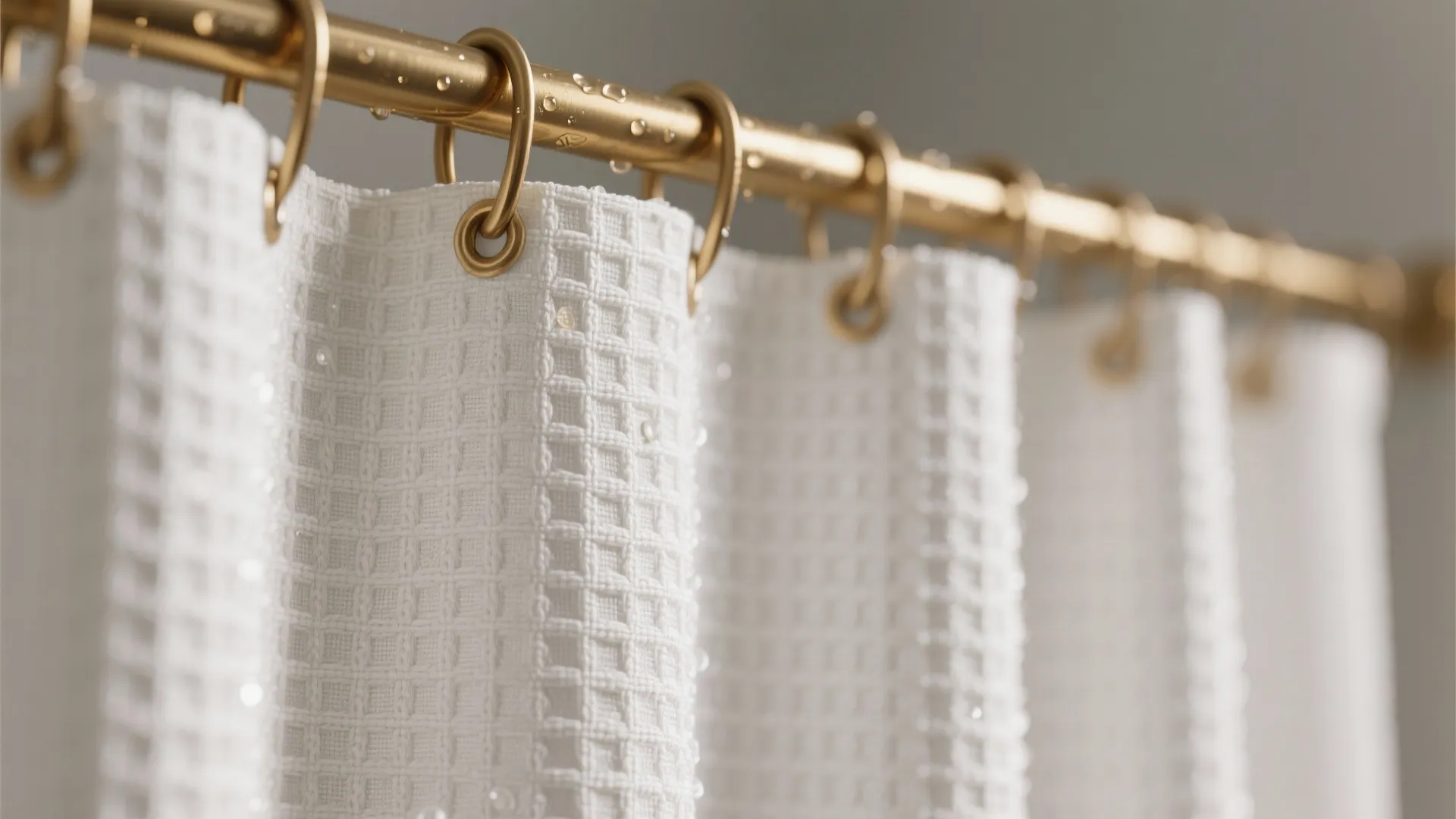 Close-up of white textured curtain hanging from gold rod with metal rings and water droplets