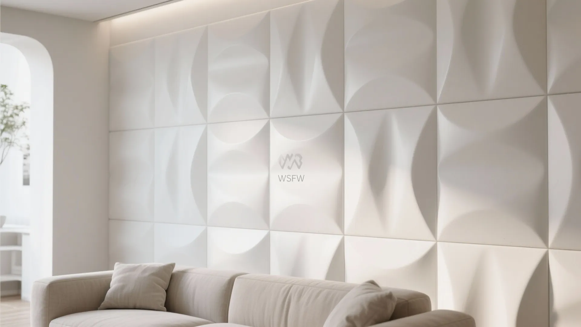 Modern living room featuring a white wall panel with 3D textured patterns behind beige sofa
