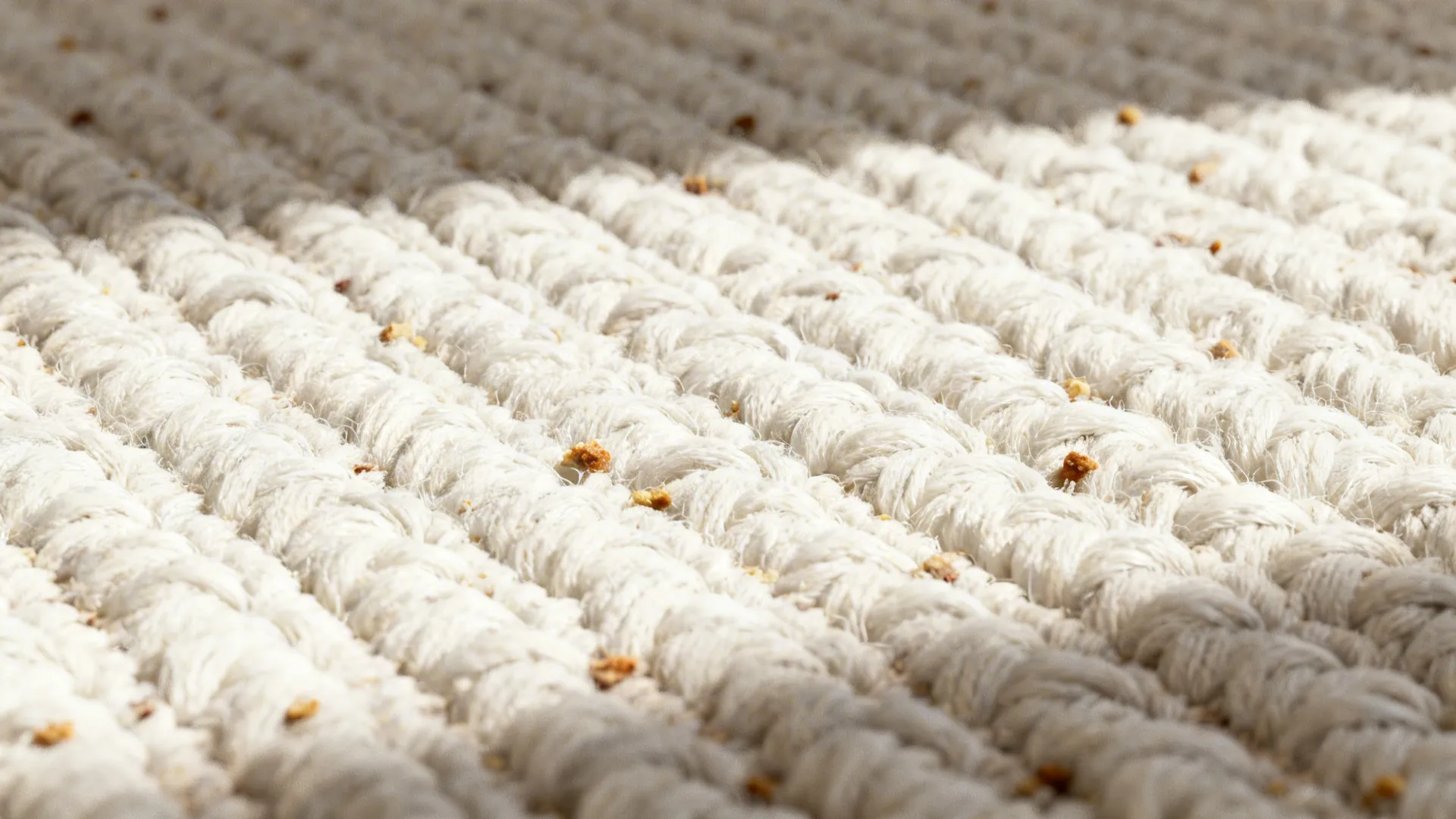 Close-up of a textured white rug with looped weave and subtle ribbing for cozy contrast.