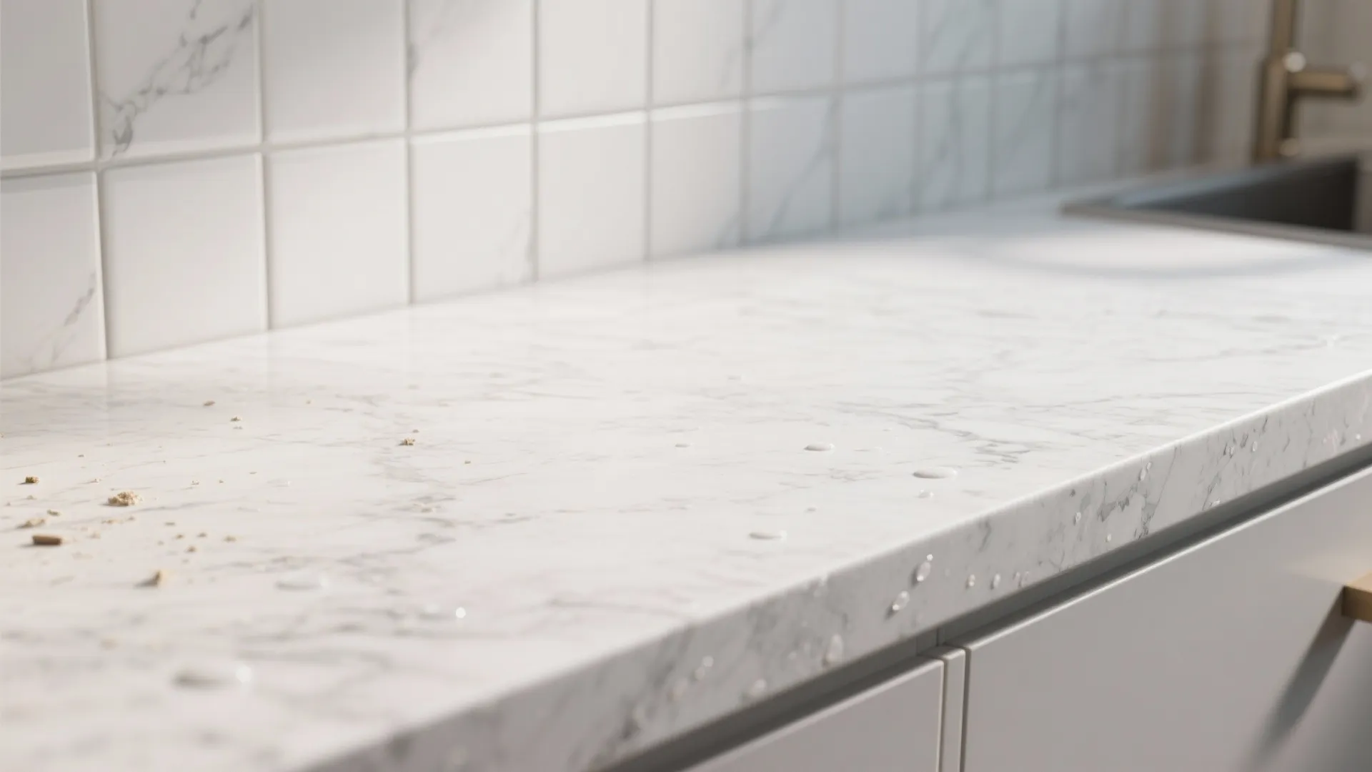 Honed white marble-look quartz countertop and textured white backsplash tiles in close-up.