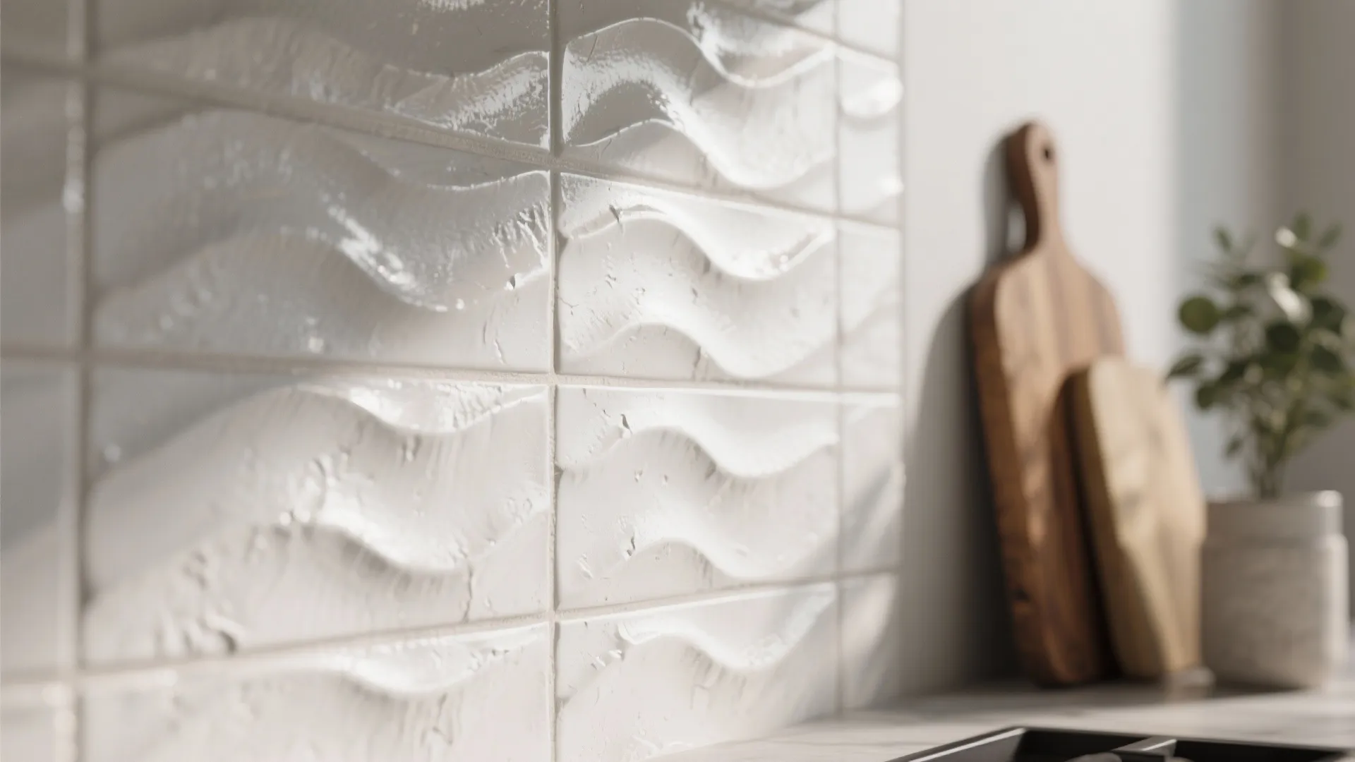 White wavy textured wall tiles beside wooden cutting boards and small green plant on counter