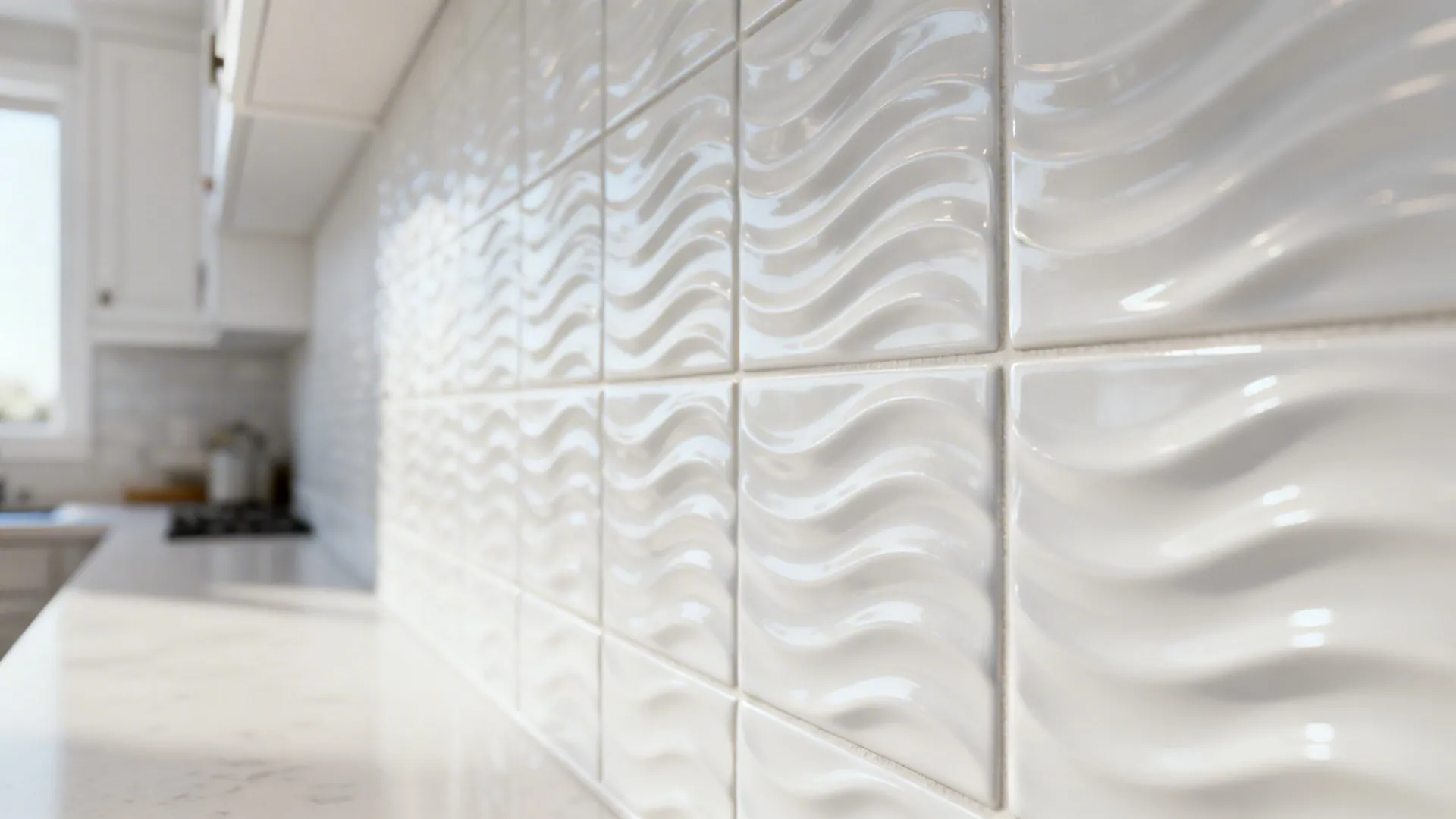 Textured white wave tile backsplash showing grooves and shadow for subtle contrast