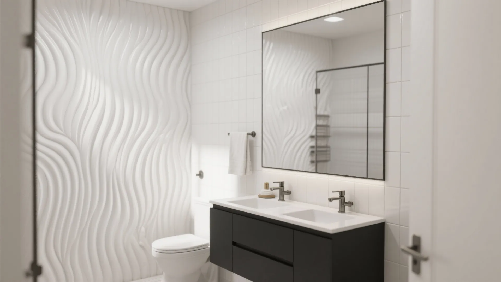 Textured white fluted tile feature wall with soft daylight grazing to reduce glare.