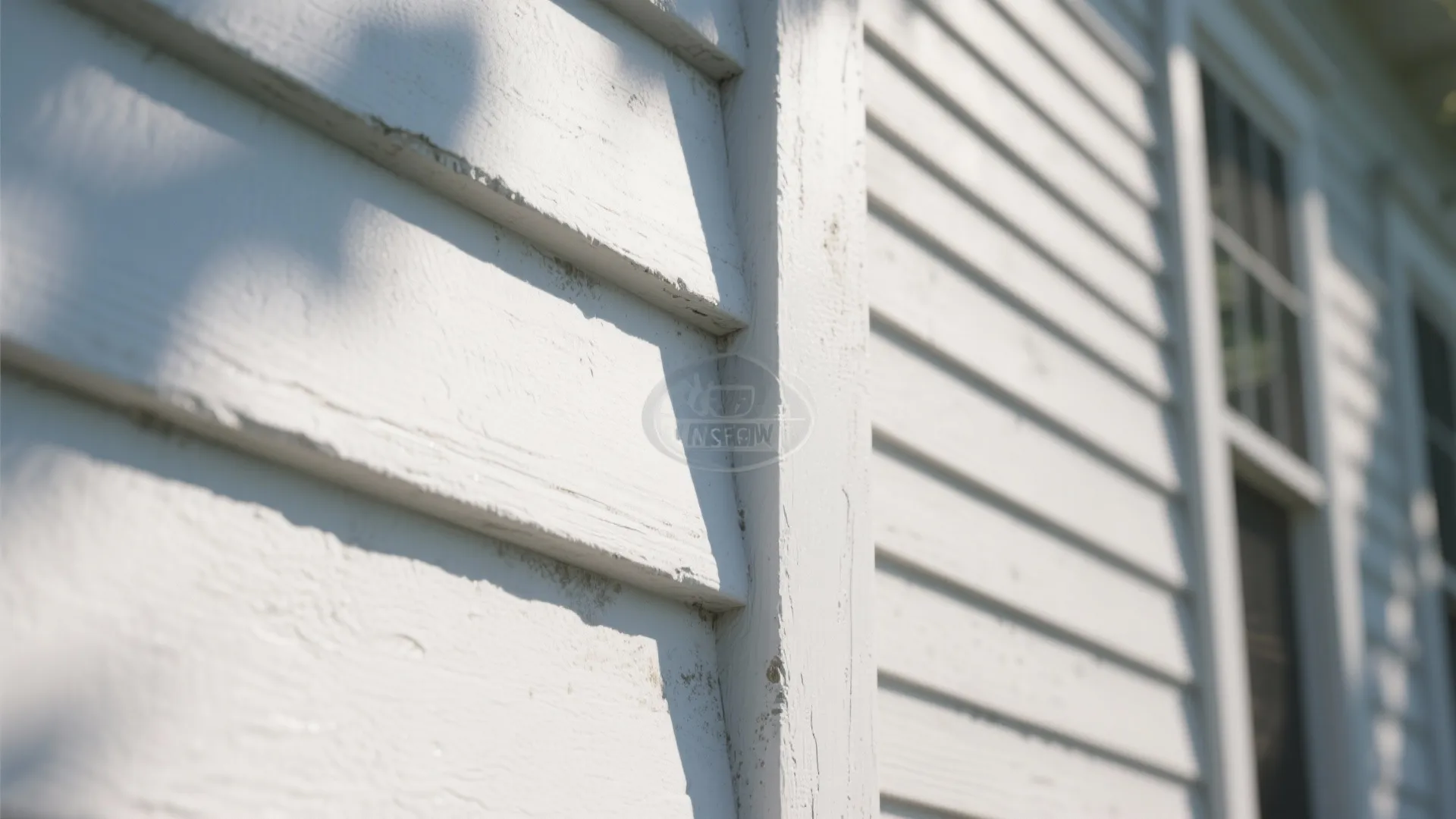 Close-up of white wooden wall panel siding showing soft tree shadows and a blurry window