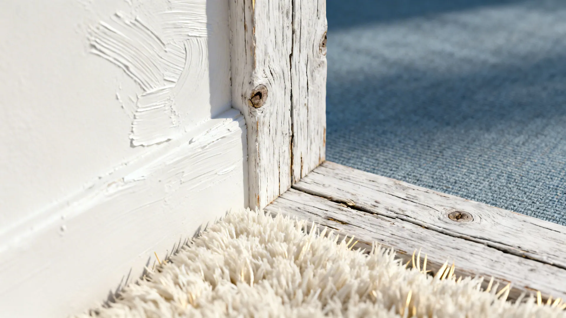 Close-up of matte white paint, whitewashed wood, and an ivory fluffy rug with blue-grey fabric hint