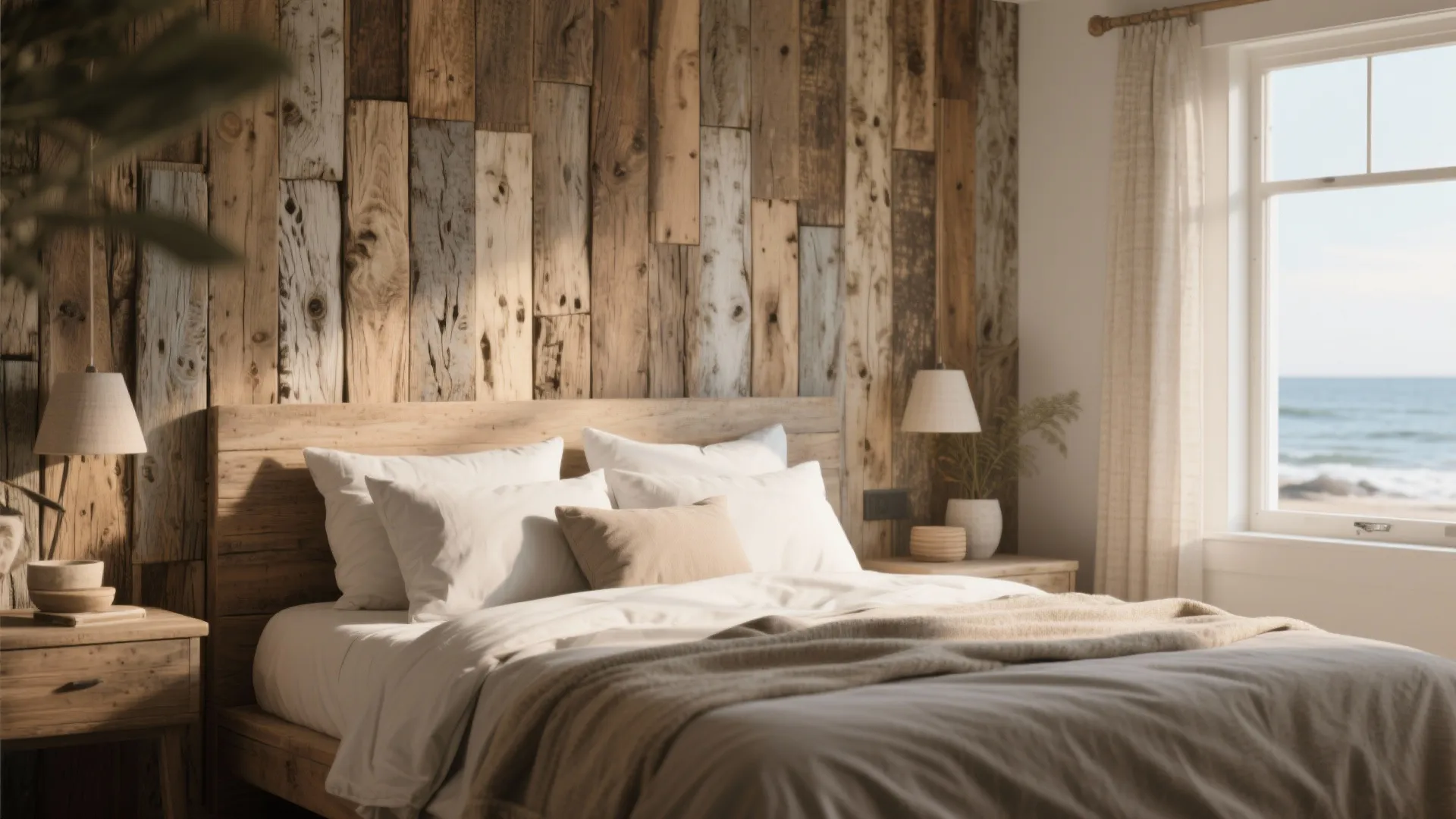 Cozy bedroom with textured reclaimed wood wall paneling wooden bed frame and beautiful ocean view