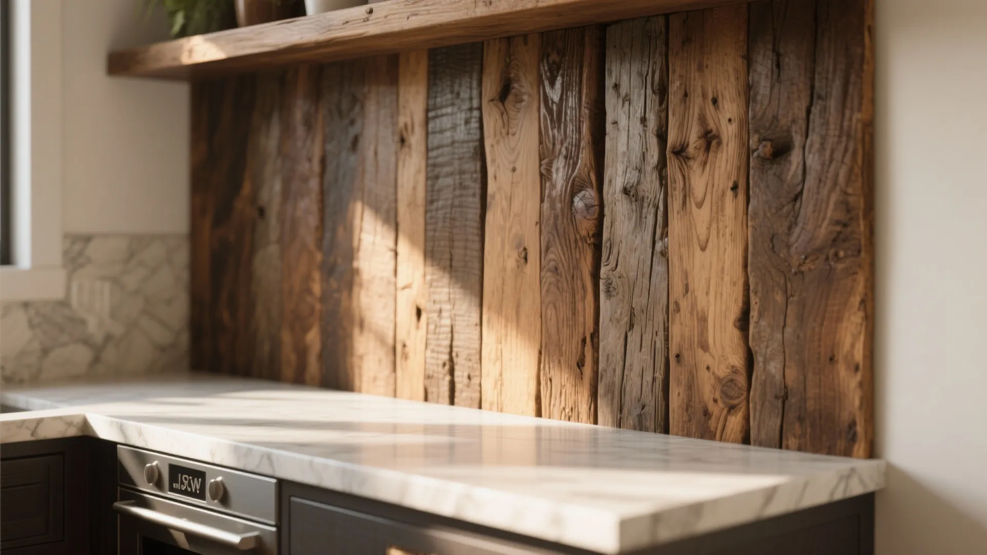Close up of kitchen marble countertop with rustic vertical wood wall panels and sunlight effect