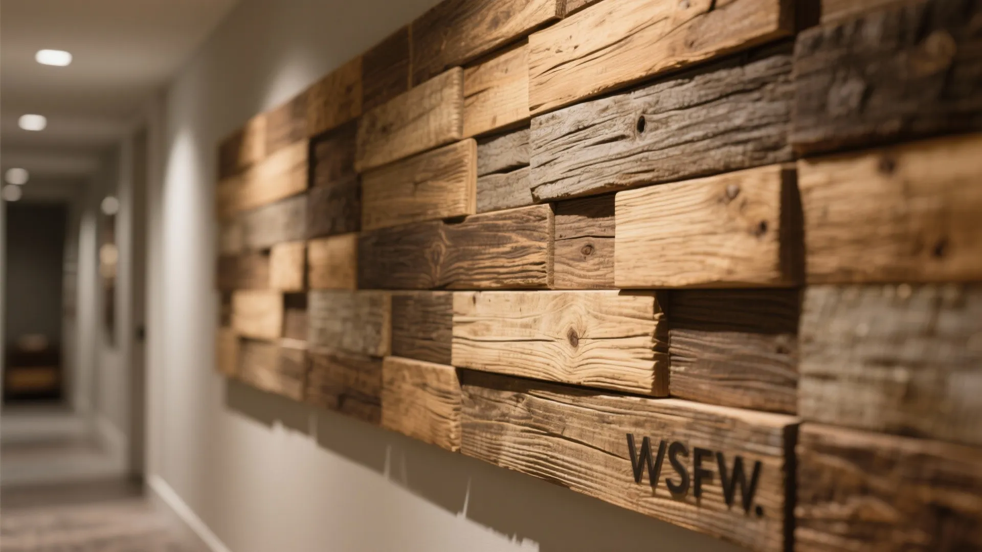 Interior hallway wall with decorative textured brown wood panel blocks and warm indoor light fixture