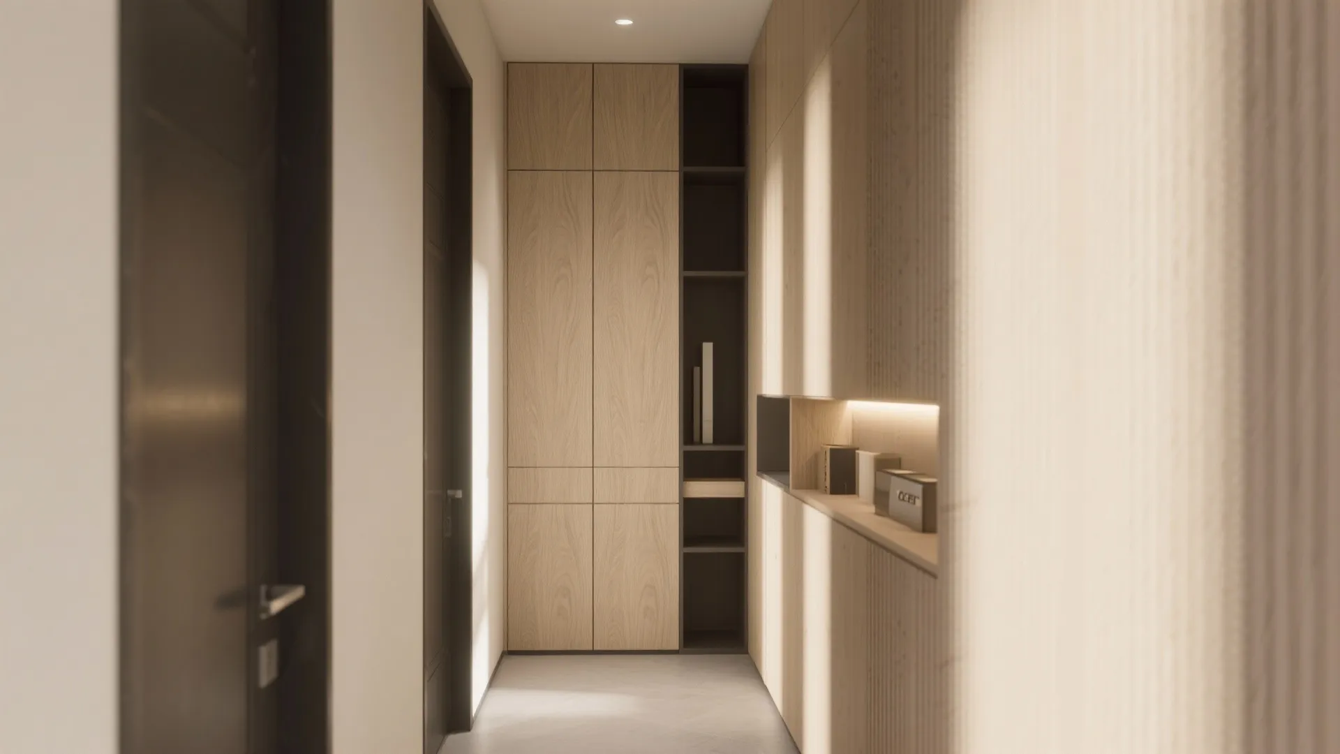 Modern hallway with textured wood wall panel and built in cabinet lit by warm ceiling light