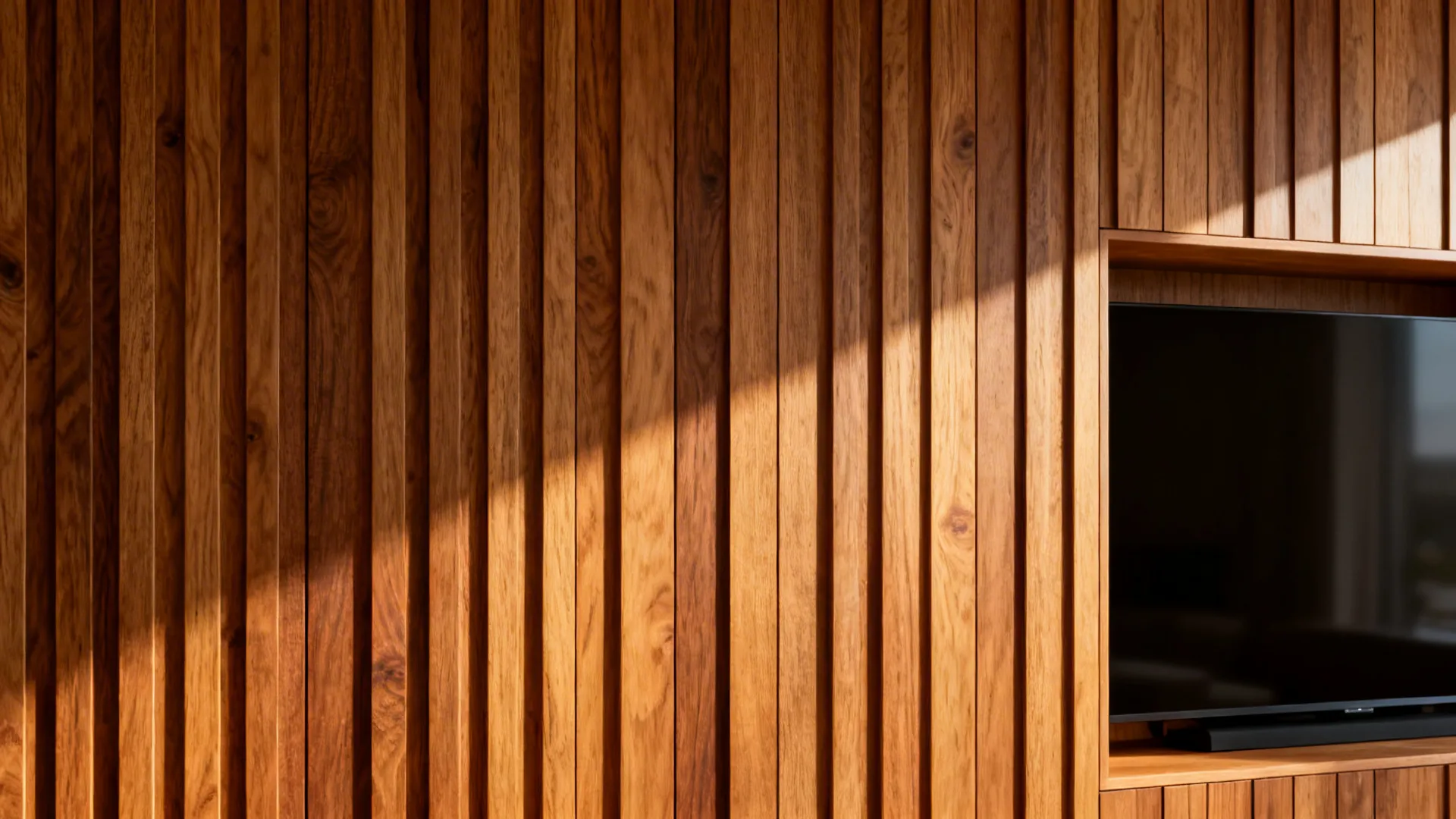 Close-up of vertical cedar wood slats on a living room feature wall highlighting texture and grain.