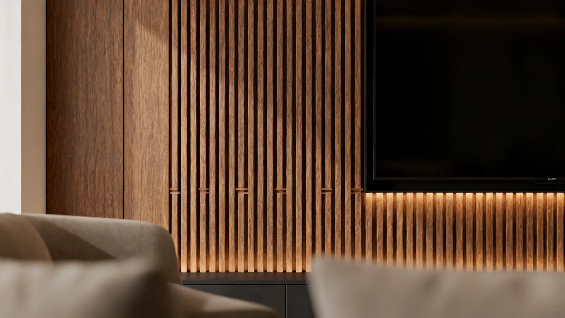 Close-up of slim wood slats creating a textured living room wall behind a TV