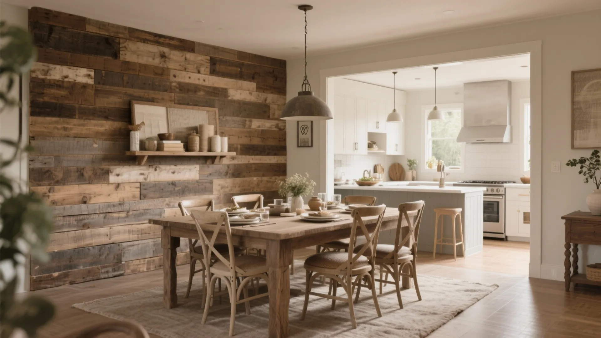 Dining room with reclaimed wood panel wall and rustic table
