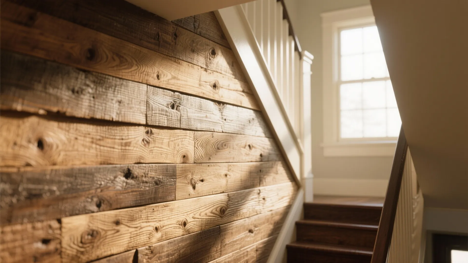 Close up of a rustic wall panel made of textured wood planks beside a staircase