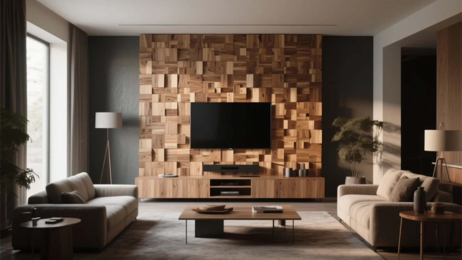 Modern living room featuring a textured wood wall panel behind a television and beige sofas