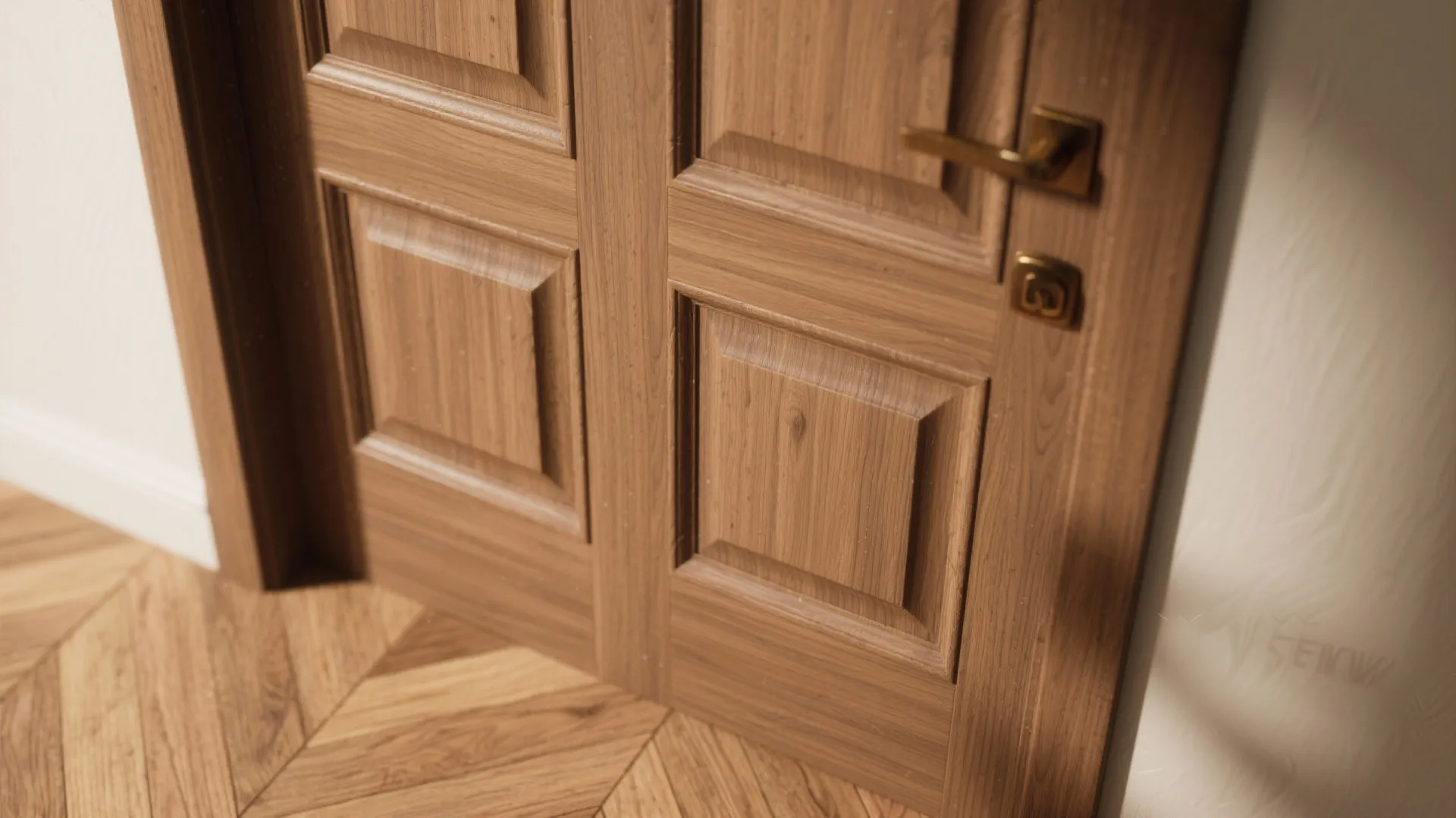 Close up of a brown wooden door with metal handle and wood flooring in sunlight