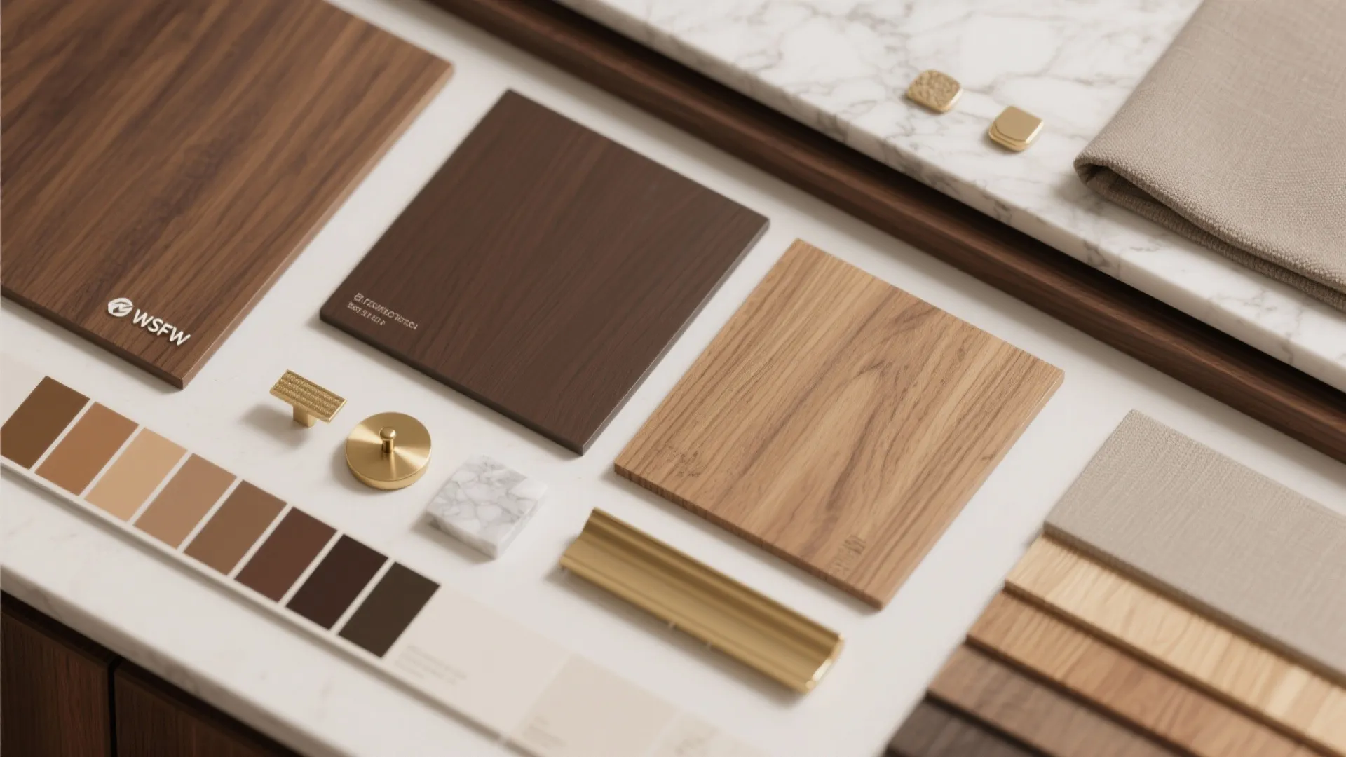 Collection of wood samples gold hardware fabric pieces and a color palette on white marble