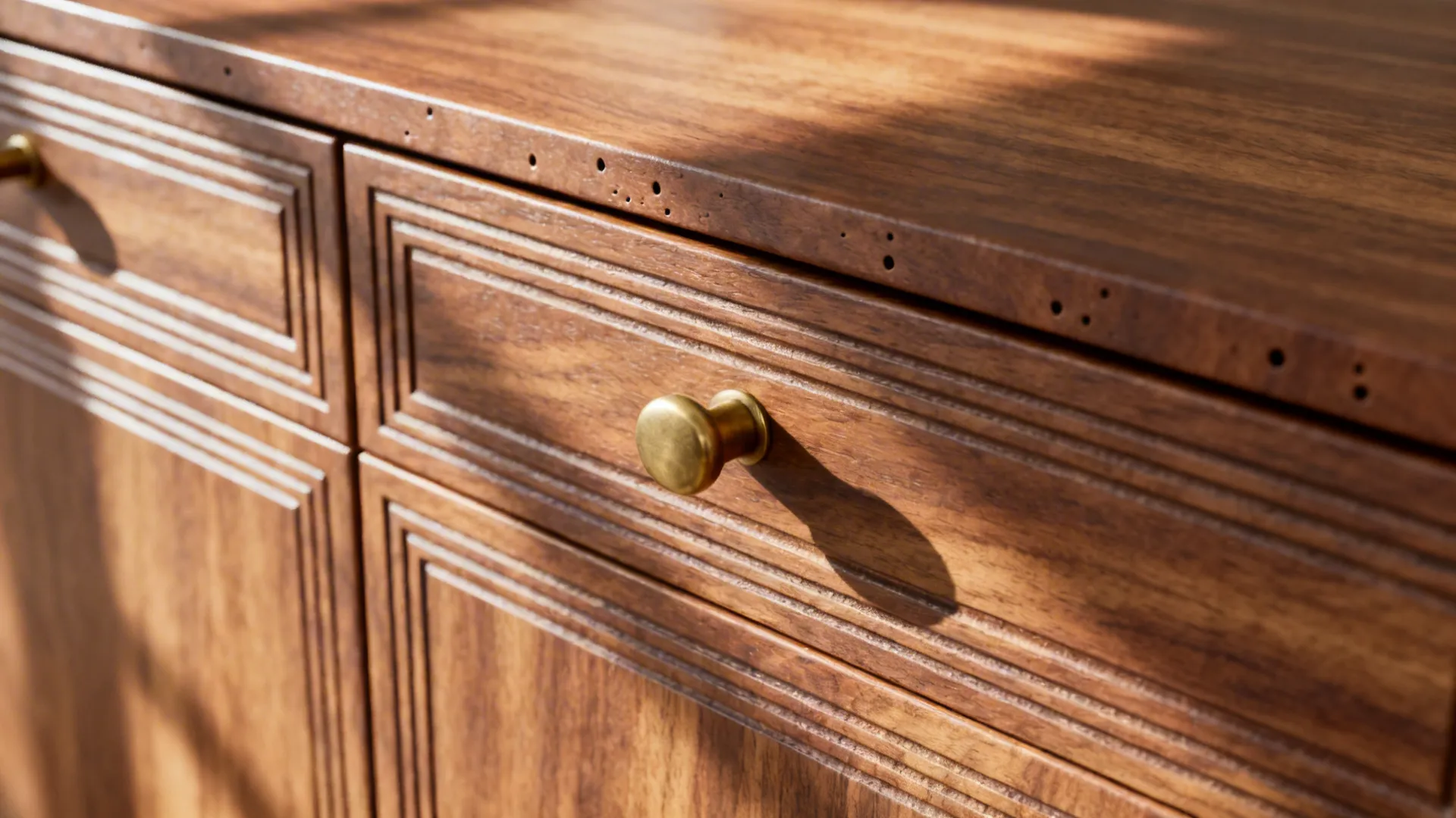 Macro of textured walnut-look laminate with subtle embossing on a kitchen drawer front.