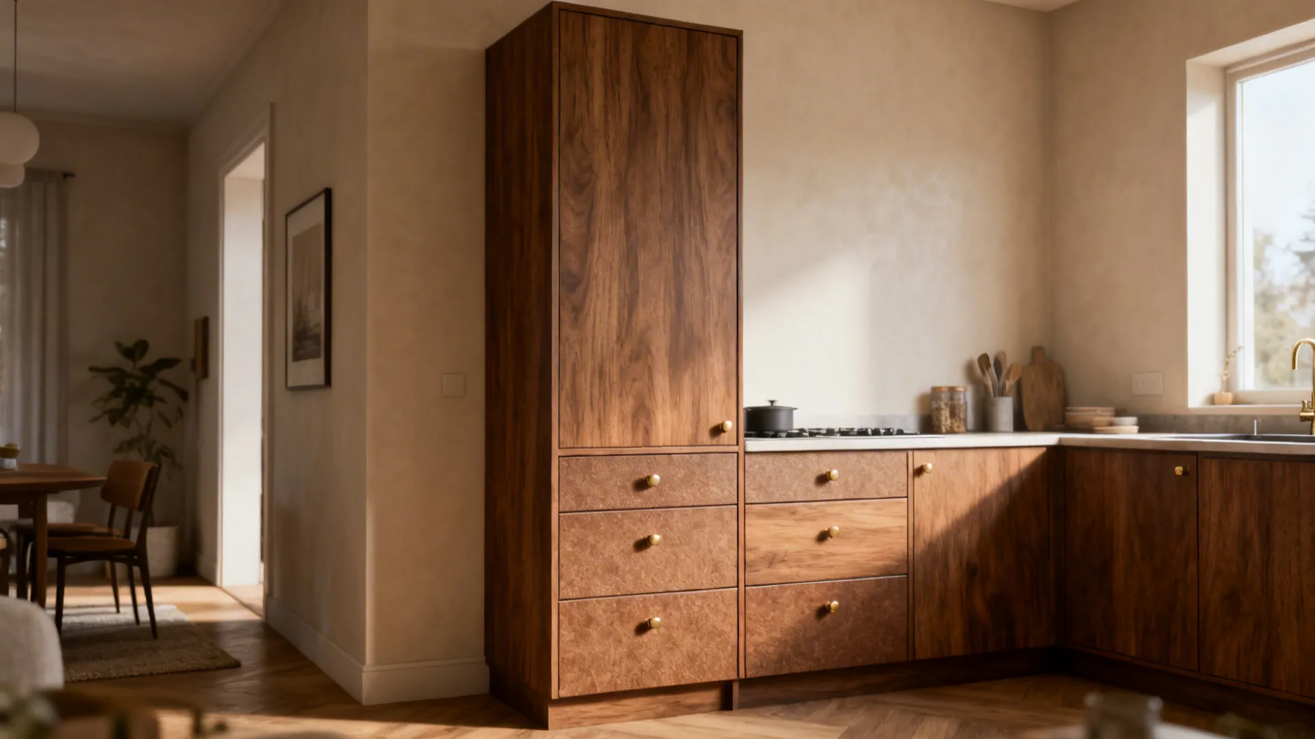 Open-plan small kitchen with textured walnut-look sunmica on drawers and tall pantry.