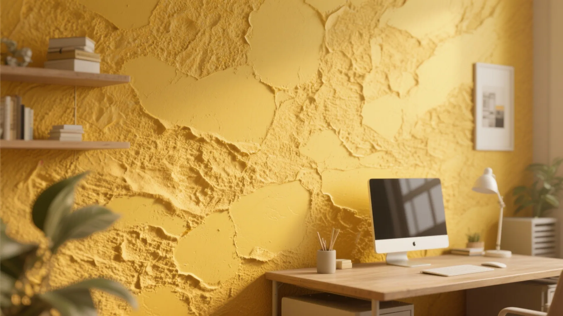 Home office with wooden desk, white computer monitor, desk lamp, and bright yellow textured wall