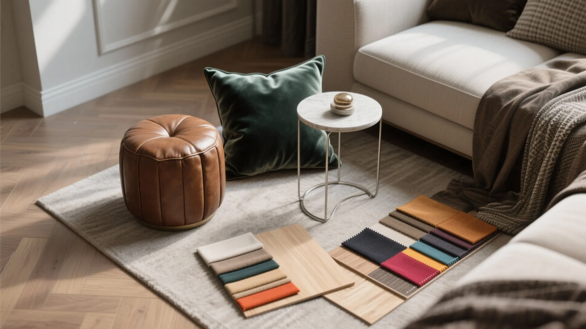 Flatlay of velvet pillow, leather ottoman, metal side table and fabric swatches