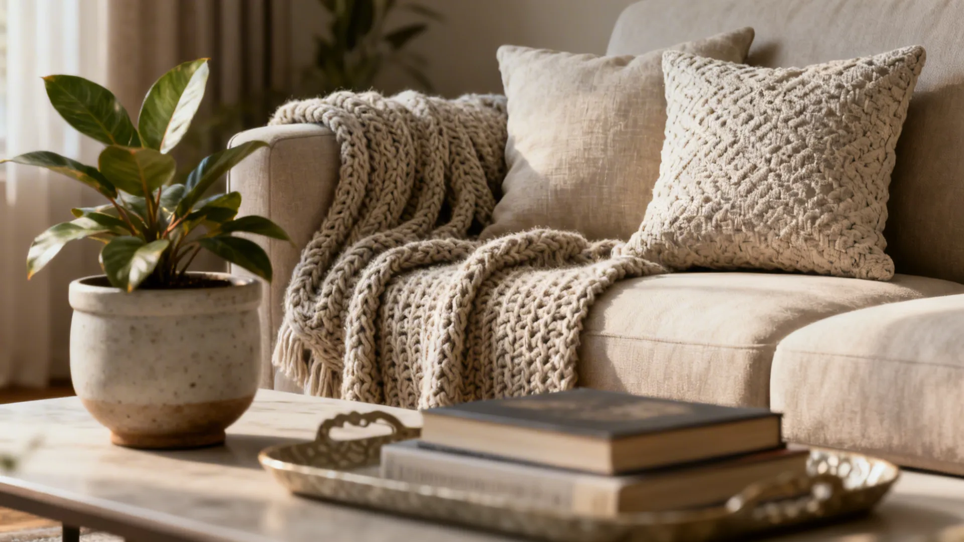Close-up of layered textiles and curated accessories: throw, pillows, plant, and books on a staged living room coffee table