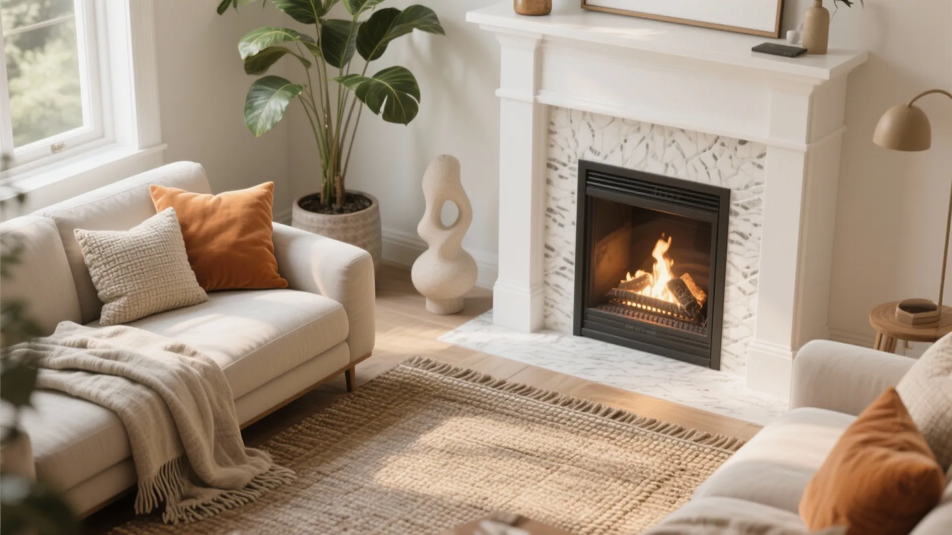 Cozy living room with white fireplace marble details green plant white sofa and textured rug
