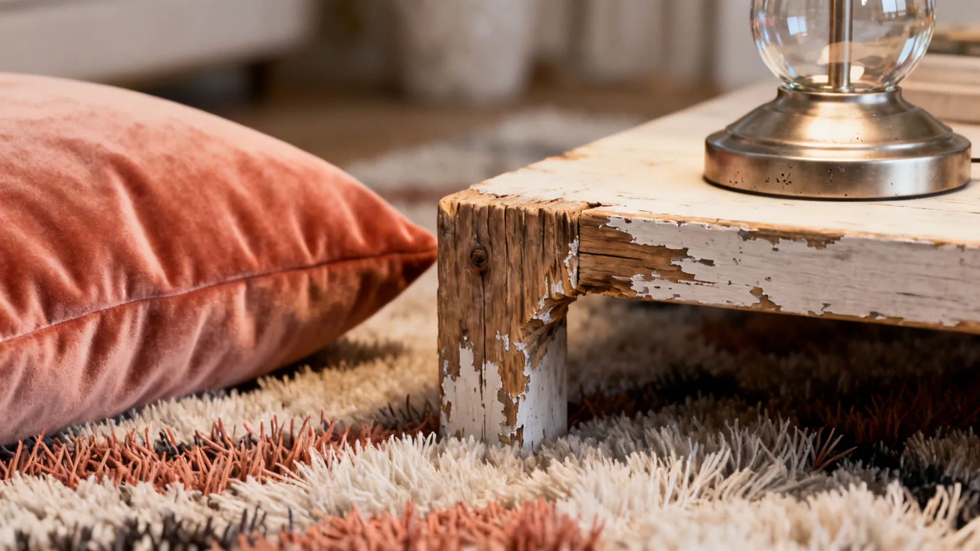 Close-up of mixed textures: wool rug, velvet cushion, raw-edge wood, metal accents