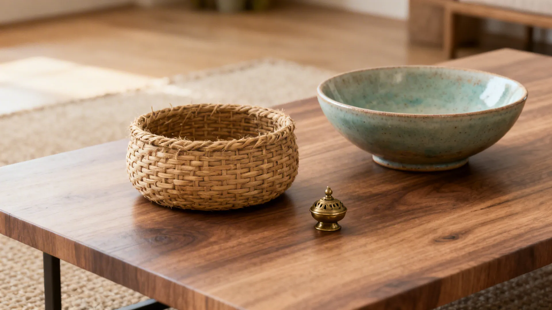 Woven basket, ceramic bowl and brass trinket layered on a coffee table