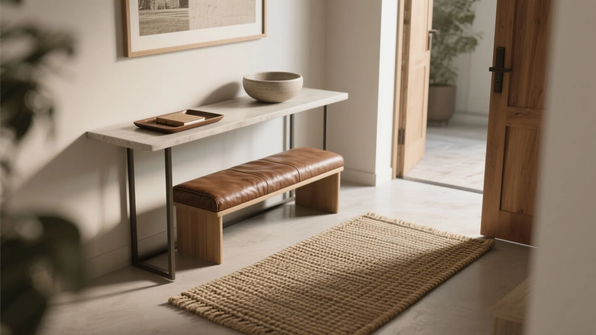 Modern entryway with a white console table brown leather bench and a large woven rug