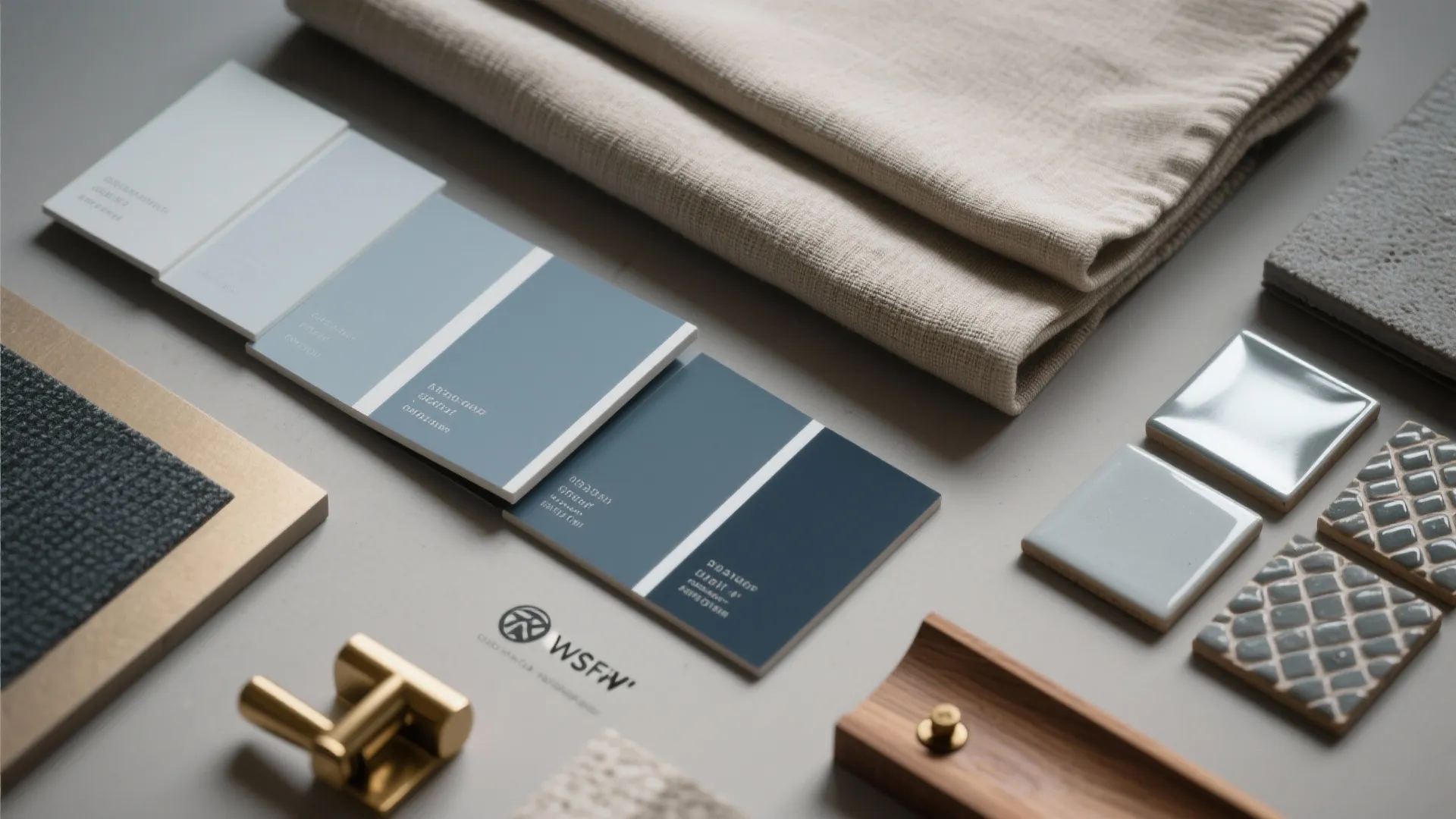 Top-down flatlay of blue-grey paint swatches, linen, ceramics, mirror samples, wood and brass accents.