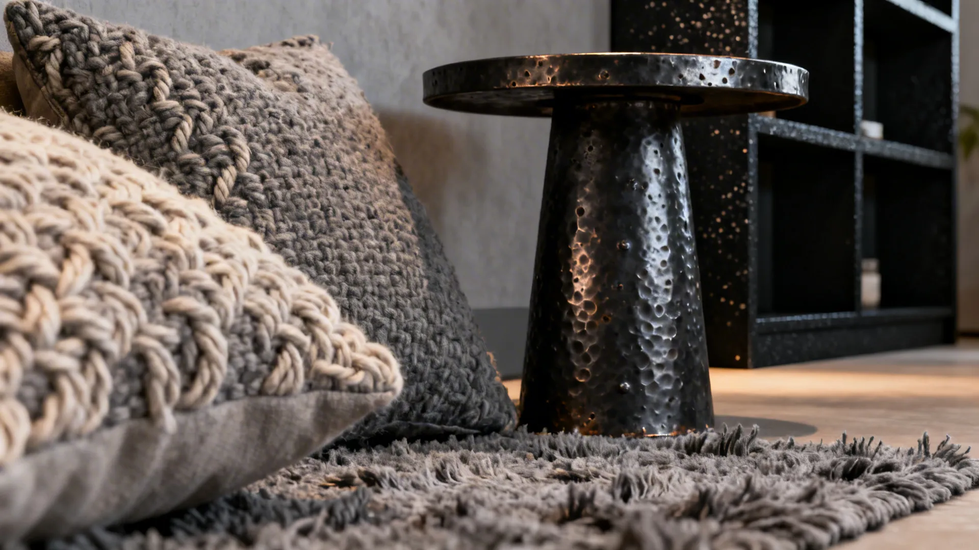 Close up of grey textured pillows on a fuzzy rug next to a black side table